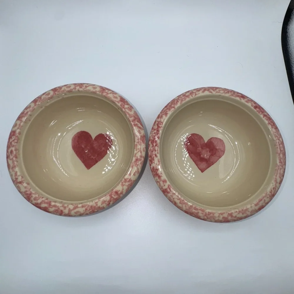 FP Friendship Pottery Roseville USA Plates Bowls Mugs Pink Spongeware Heart‎ 8PC